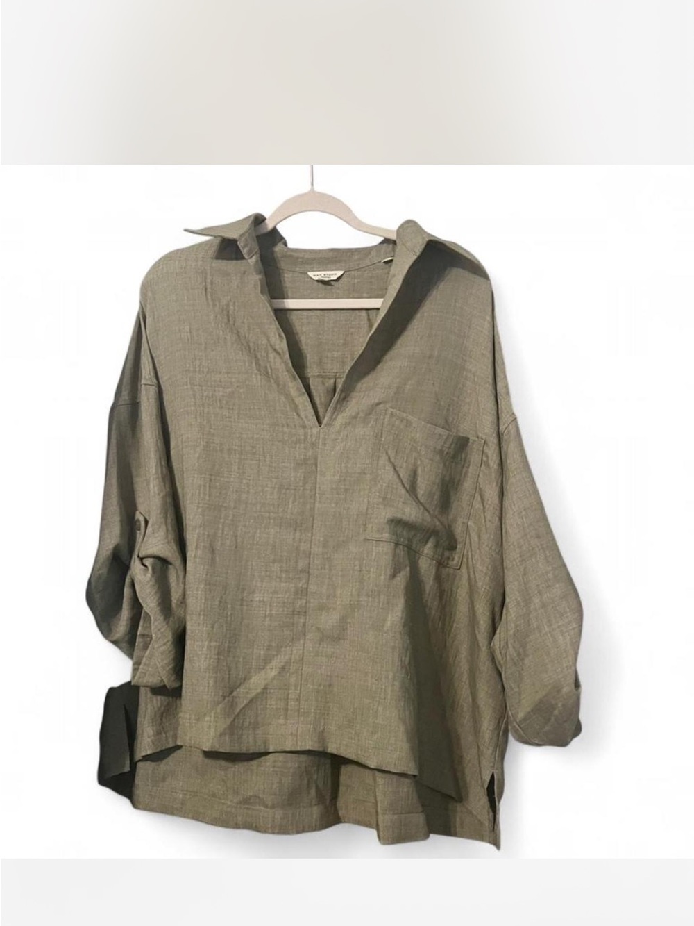 Max Studio Olive Green Linen-Blend Oversized Shirt